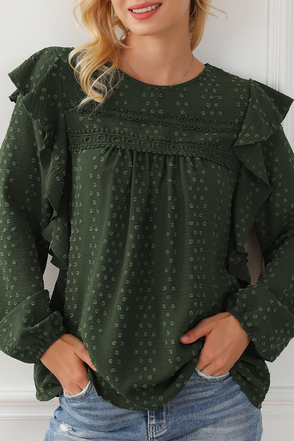 Blackish Green Lace Eyelet Ruffle Shoulder Long Sleeve Blouse