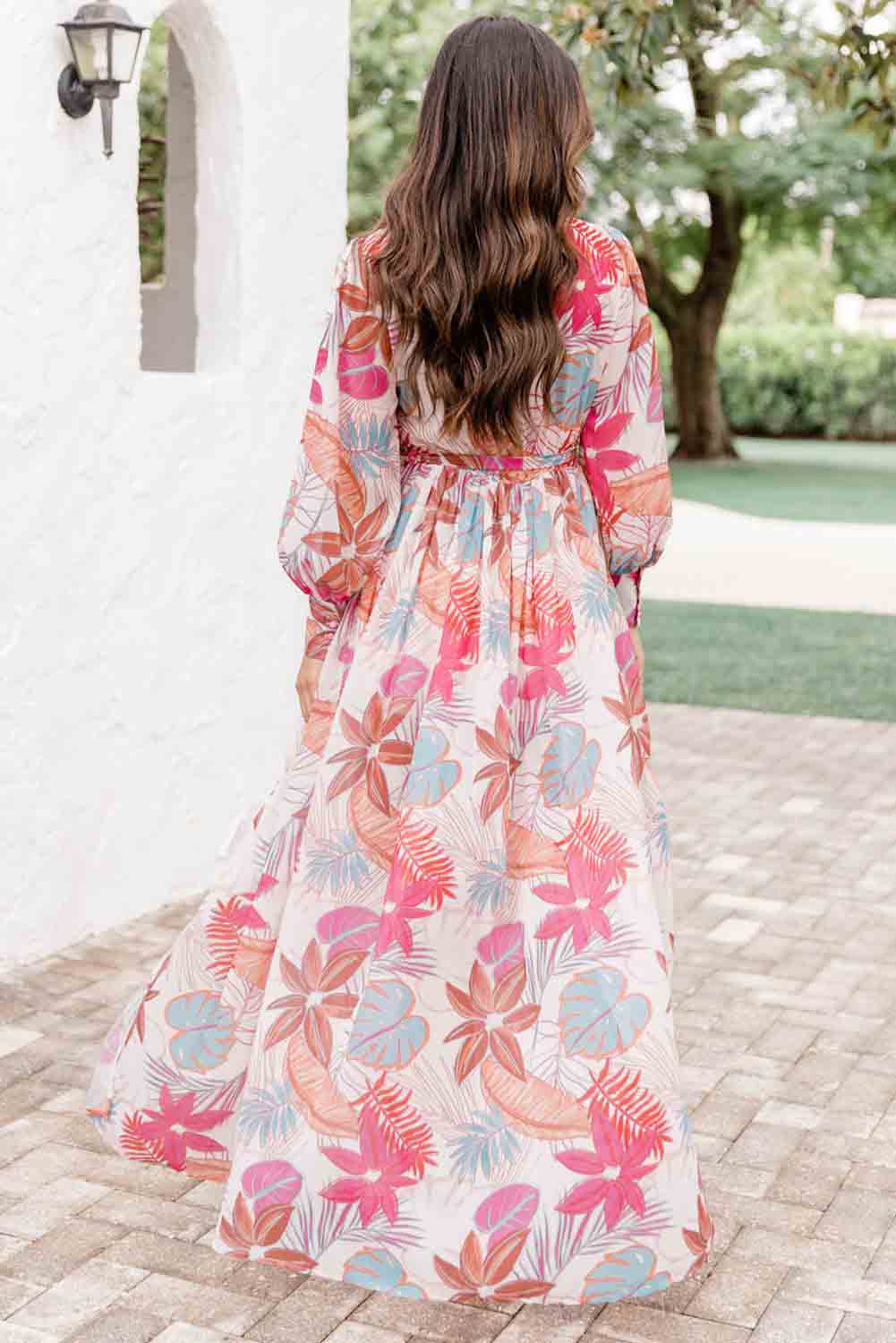 Tropical Plant Print Long Sleeve Wrap V-Neck Slit Maxi Dress