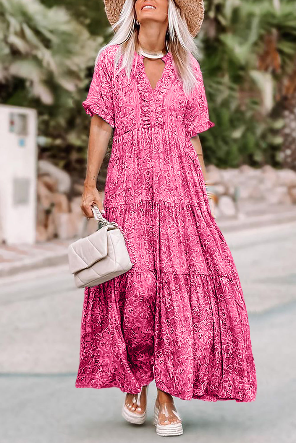 Pink Paisley Print Boho Holiday Ruffle Tiered Maxi Dress