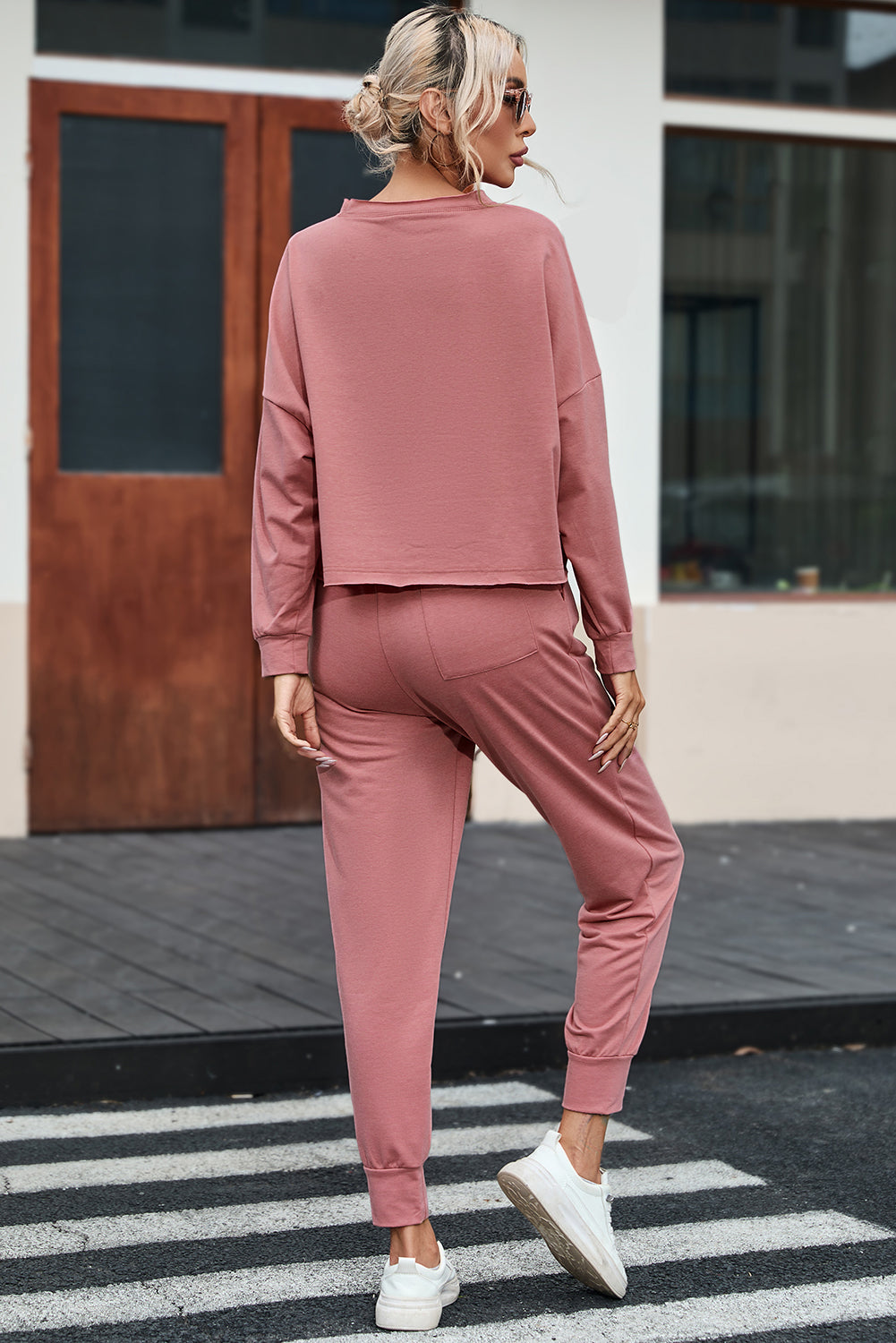 Pink Solid Sport Boxy Fit Pullover & Pants Outfit