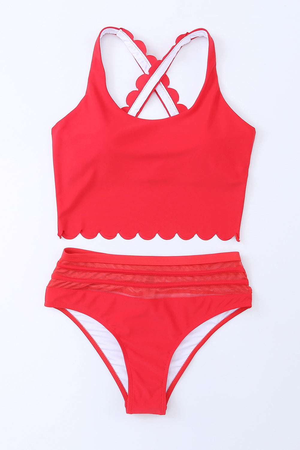 Red Scalloped Criss Cross High Waist Bikini