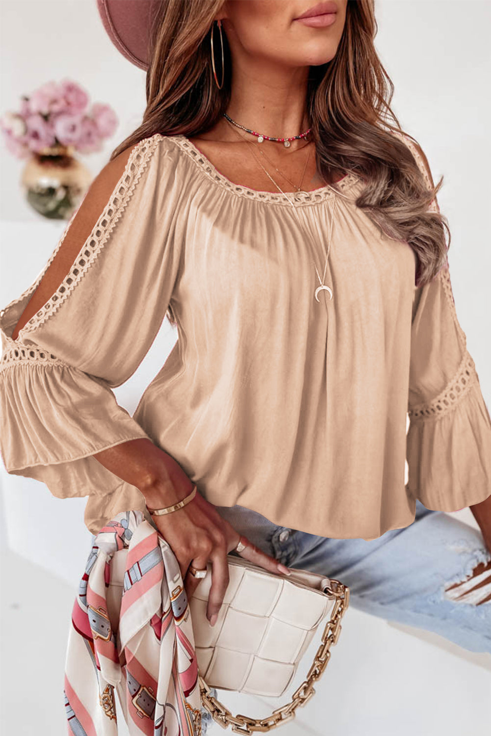 Apricot Lace Crochet Cut-Out Bracelet Sleeve Ruffle Blouse