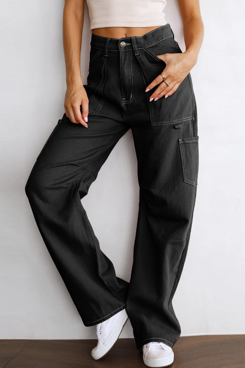 Black High Waist Straight Leg Cargo Pants with Pockets