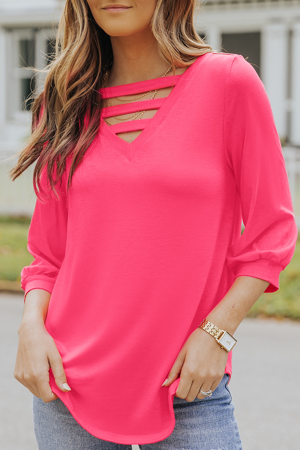 Rose Strappy V Neck Long Sleeve Top