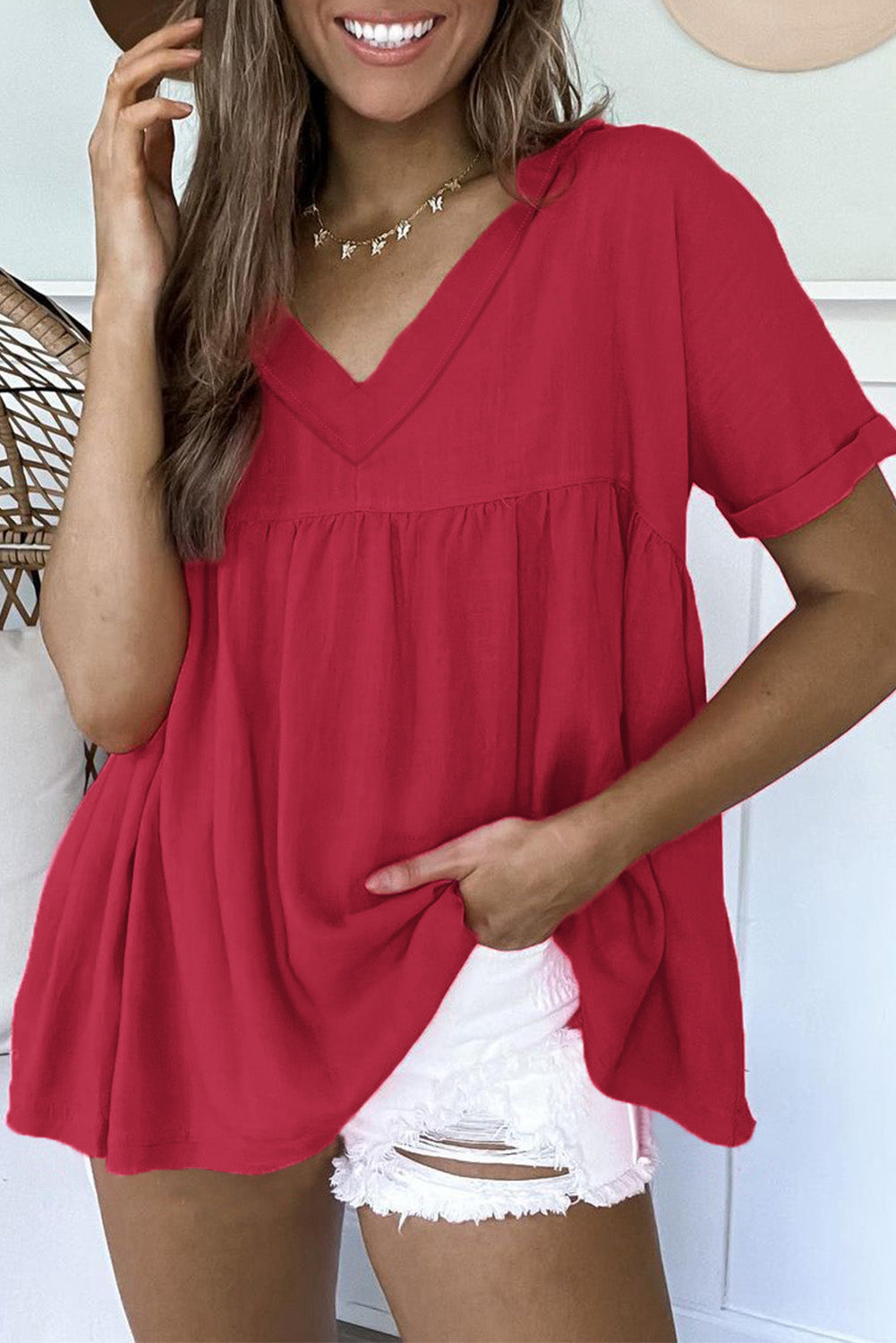 Red Frayed V Neck Ruffled Babydoll Blouse