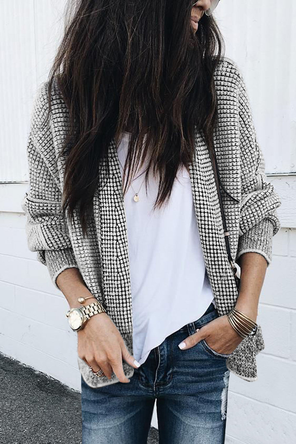 Grey Plaid Contrast Trim Open Front Cardigan