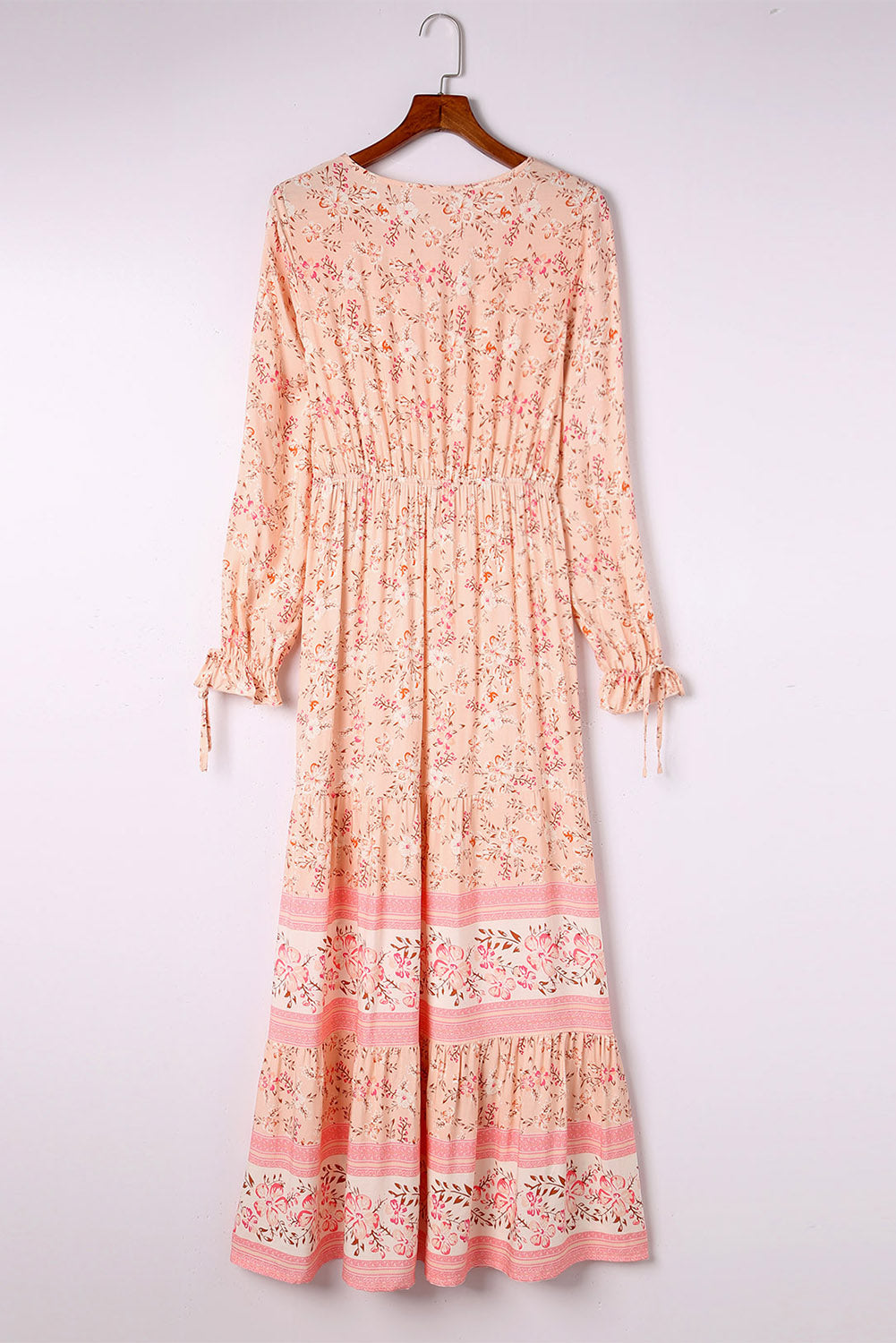 Orange Drawstring Lace-up V Neck Long Sleeve Floral Maxi Dress