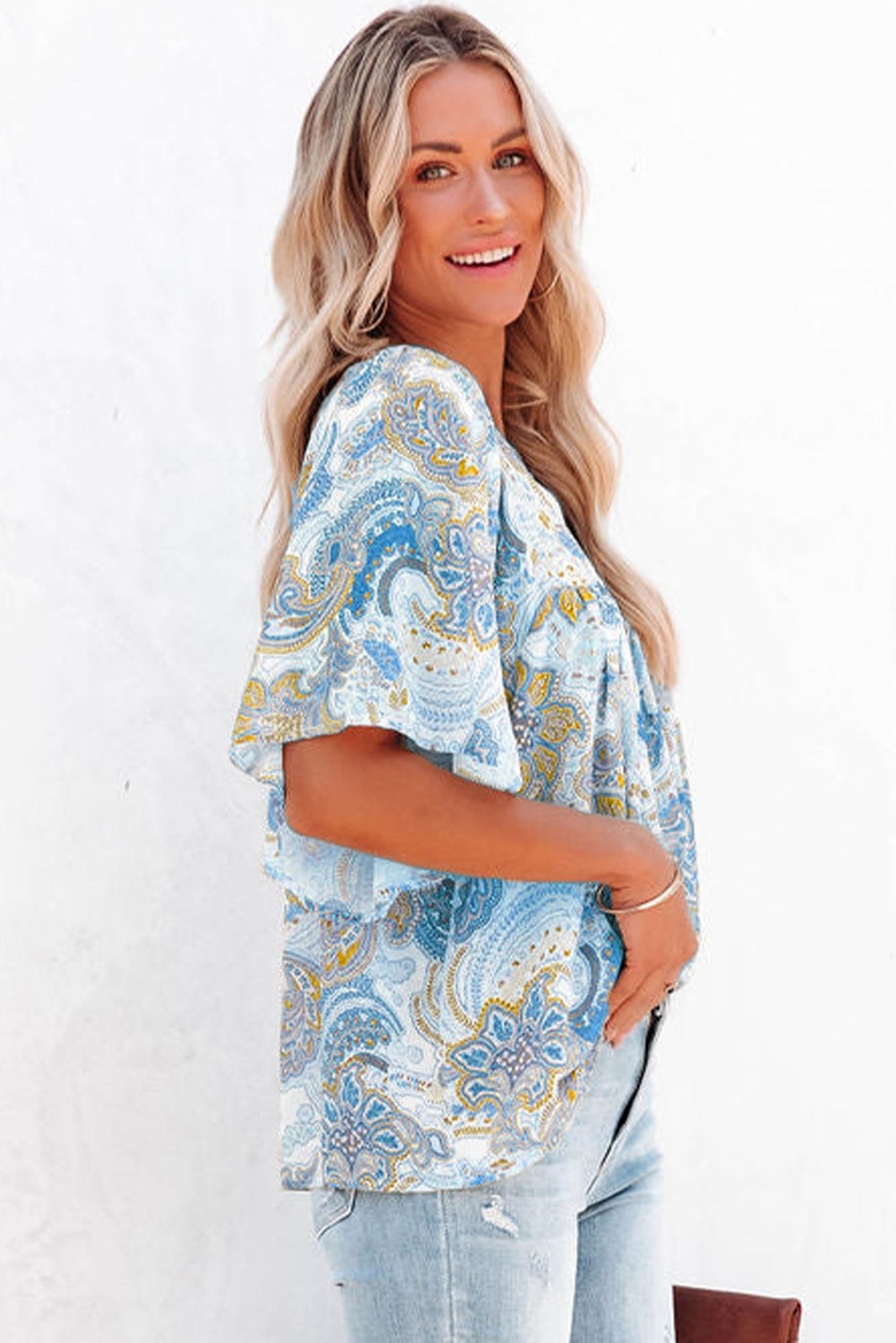 Sky Blue Paisley Print Wide Sleeves Loose Blouse