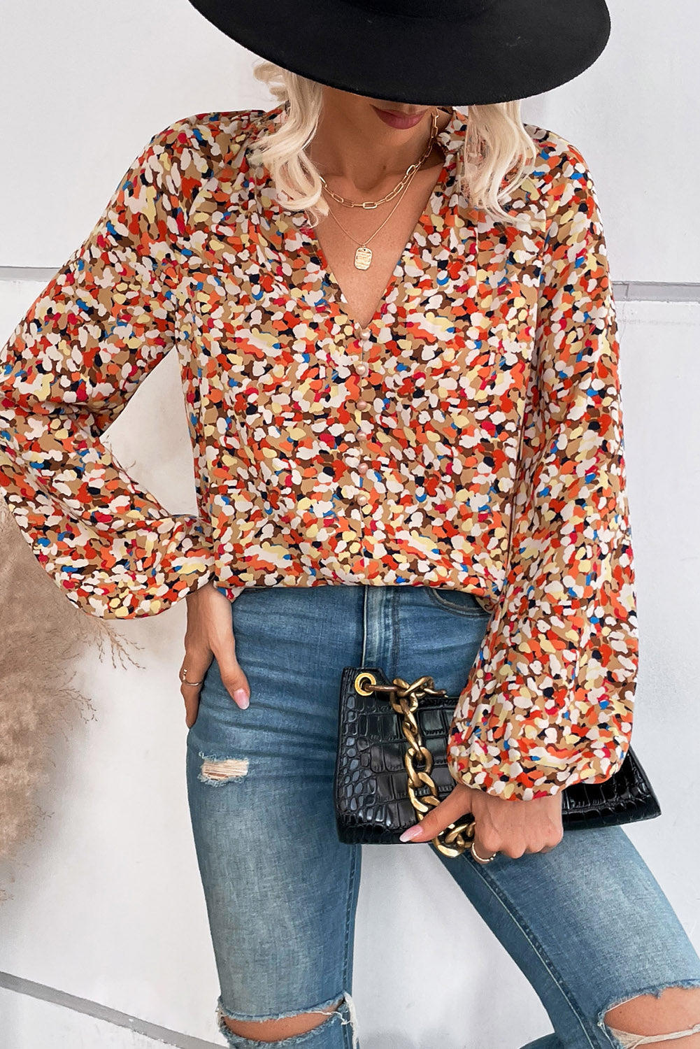 Multicolor Allover Print Split V Neck Bishop Sleeve Blouse