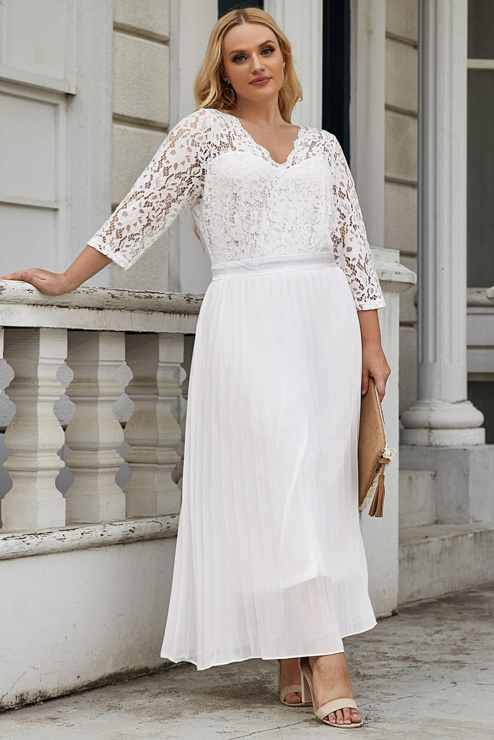 White Lace Scalloped V Neck 3/4 Sleeves Pleated Tulle Plus Maxi Dress