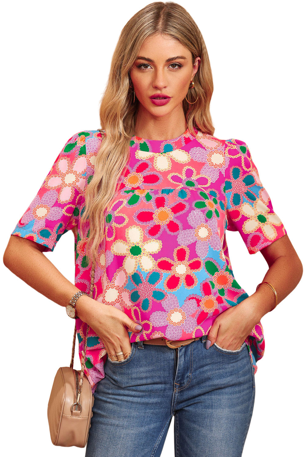 Purple Boho Flower Print Puff Short Sleeve Top