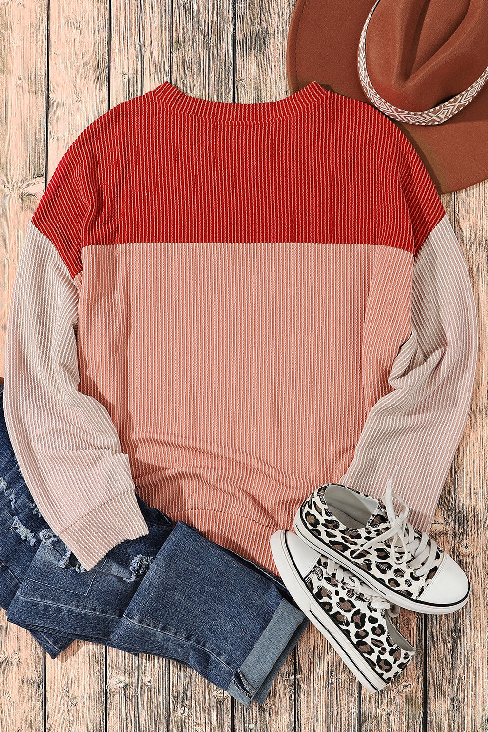 Red Color Block Long Sleeve Ribbed Loose Top