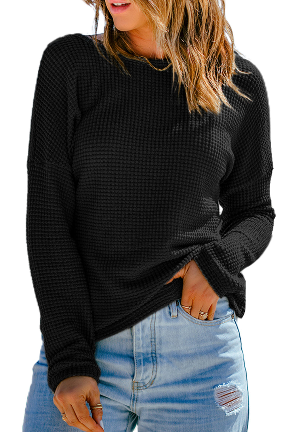 Black Waffle Knit Drop Shoulder Long Sleeve Top