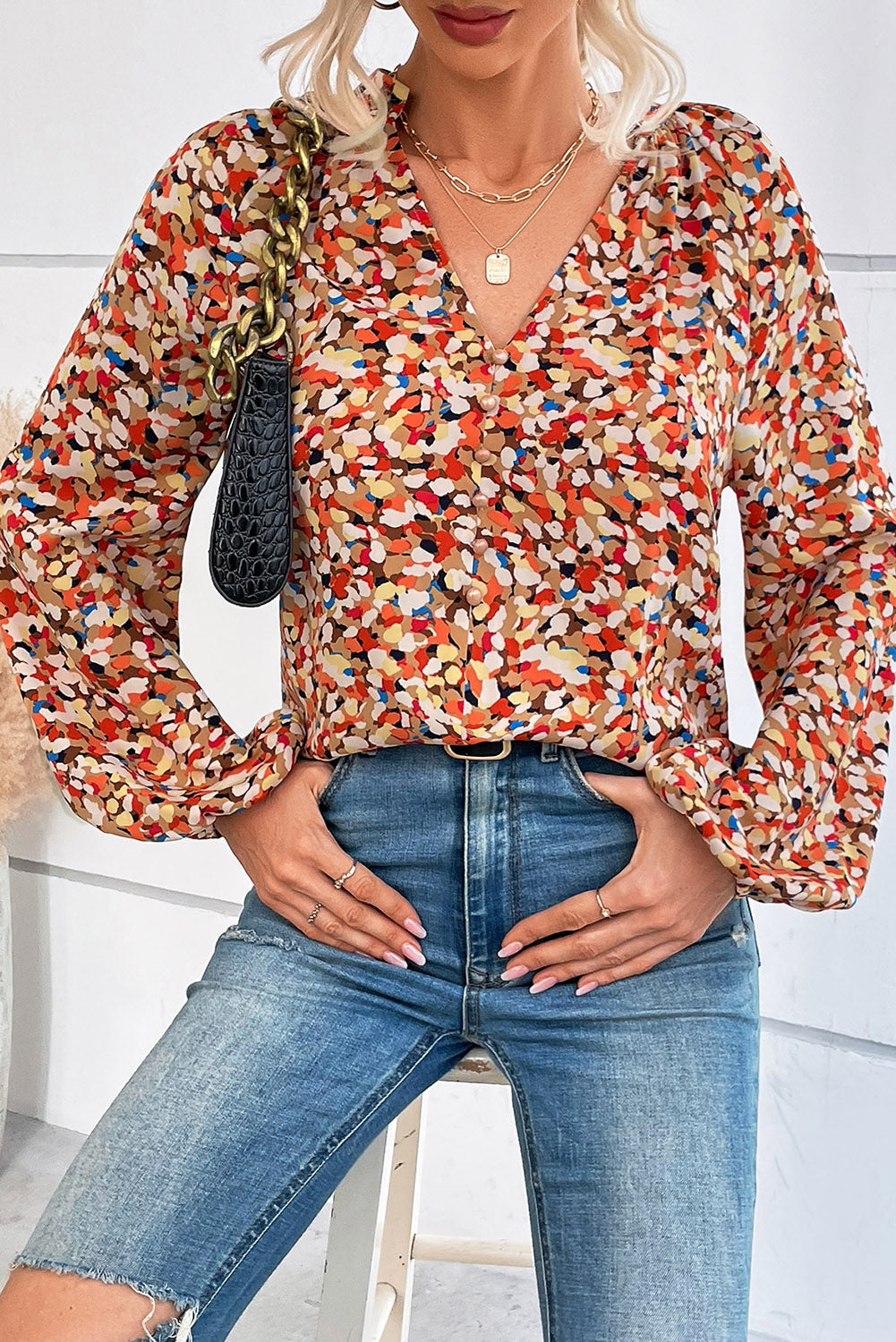 Multicolor Allover Print Split V Neck Bishop Sleeve Blouse