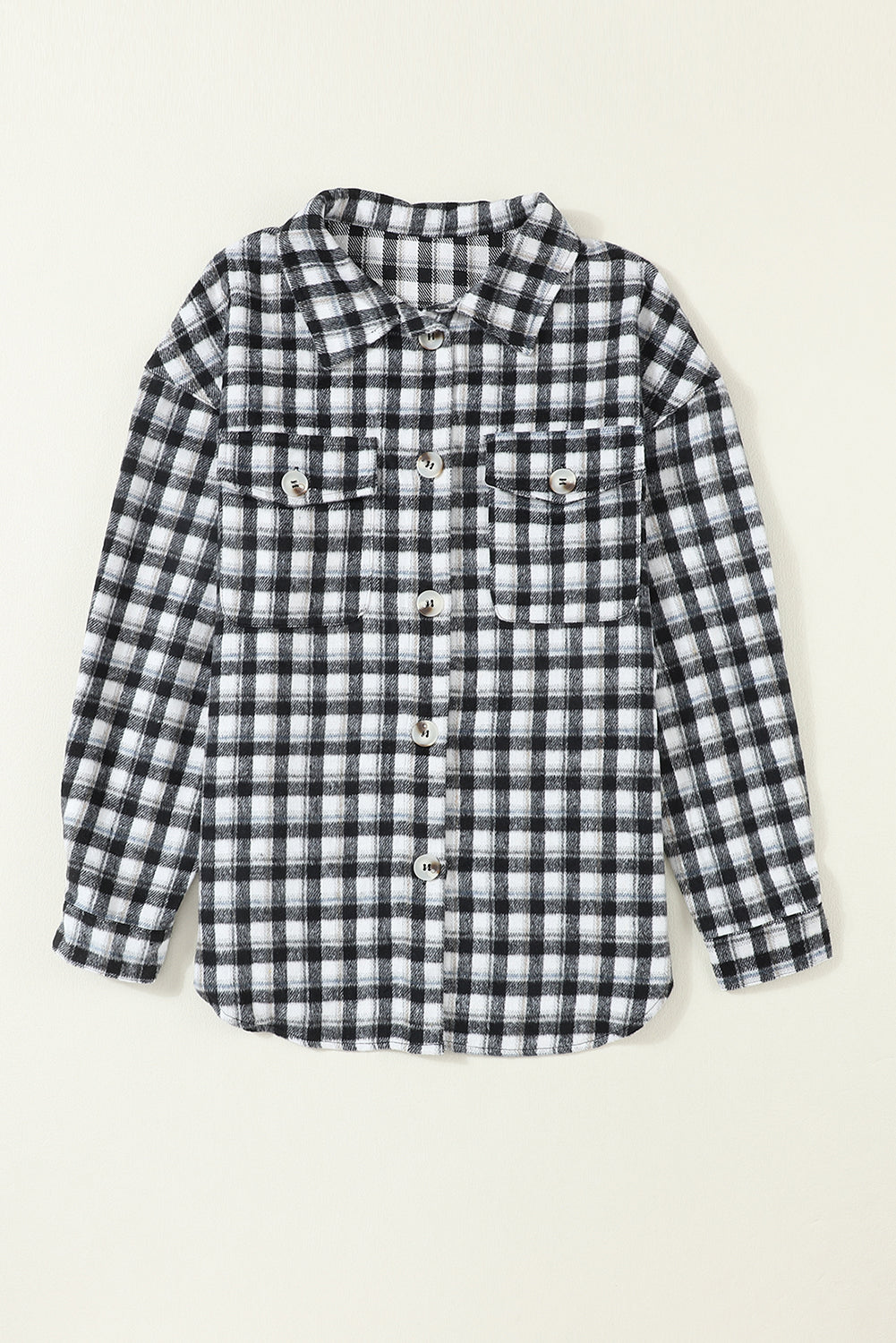 Black Plaid Print Chest Pockets Buttoned Tunic Shacket