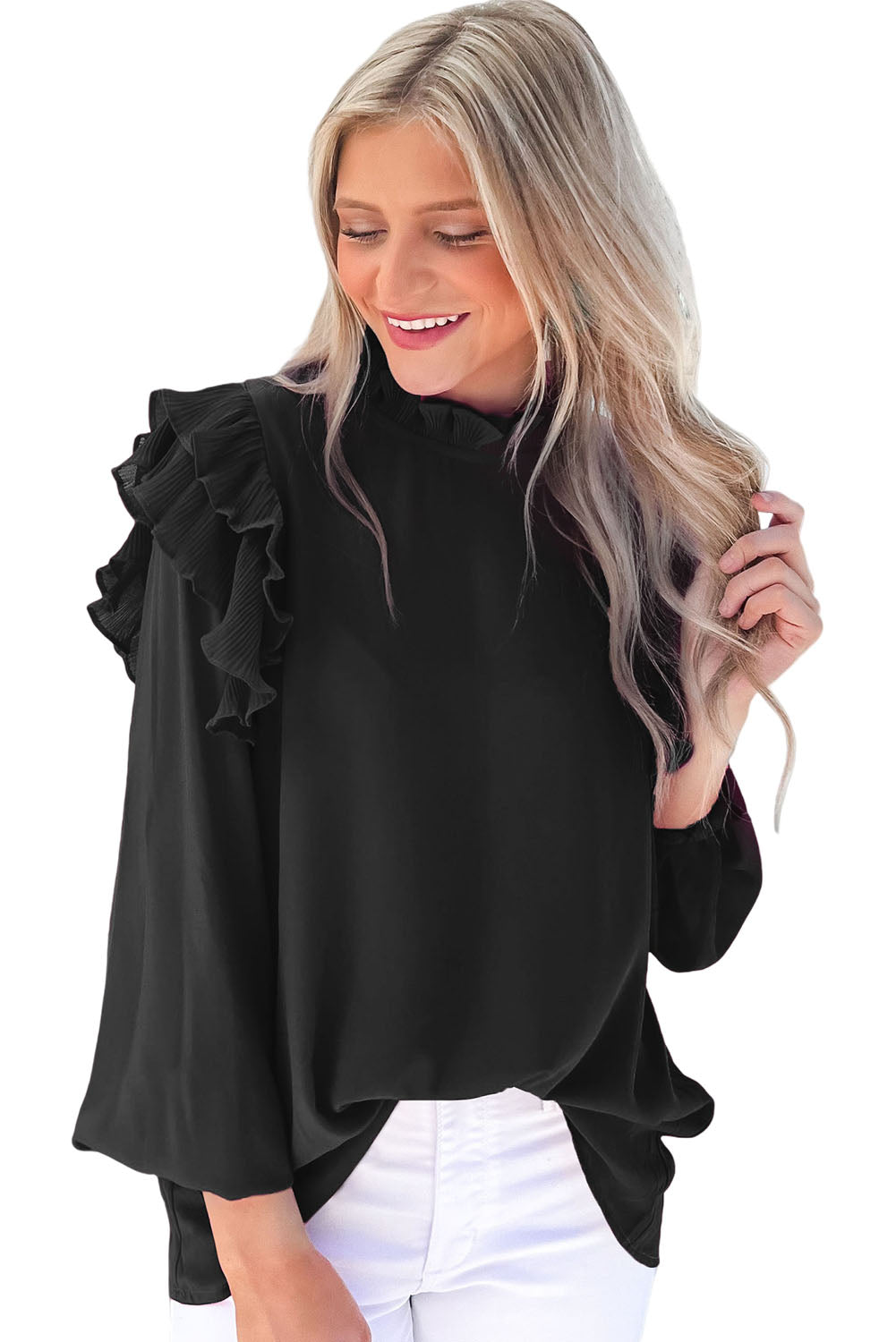 Black Button Keyhole Back Pleated Ruffle Trim Blouse