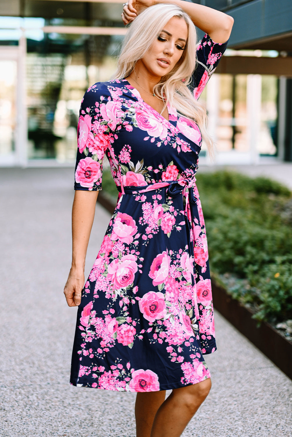 Blue Wrap V Neck Floral Dress with Belt