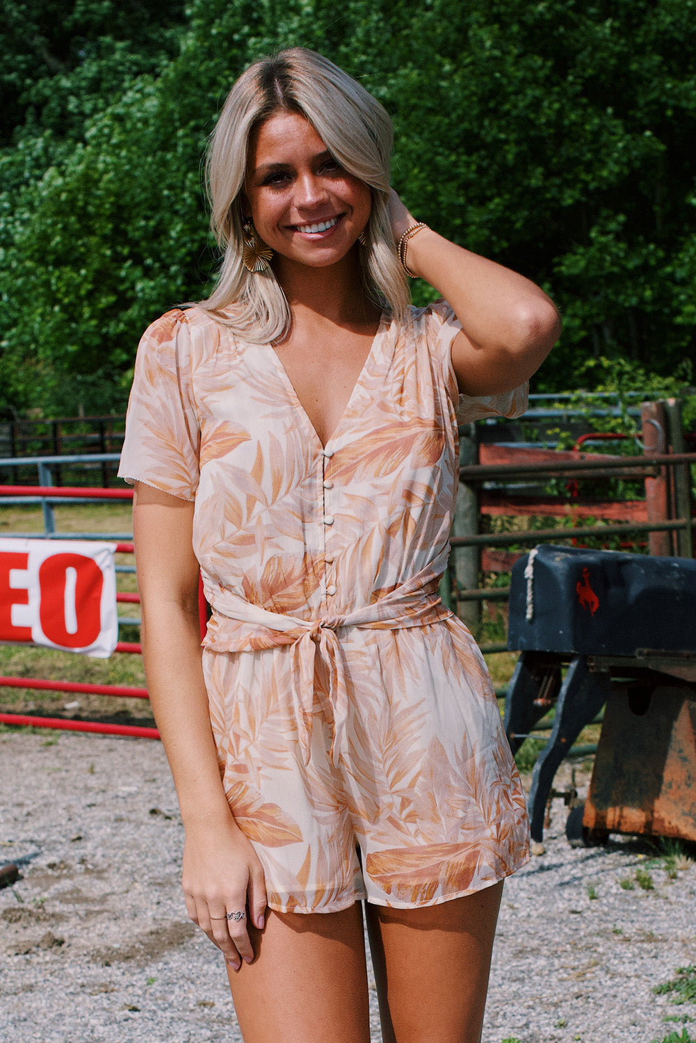 Khaki Tropical Leaf Print Button Belted Chiffon Romper