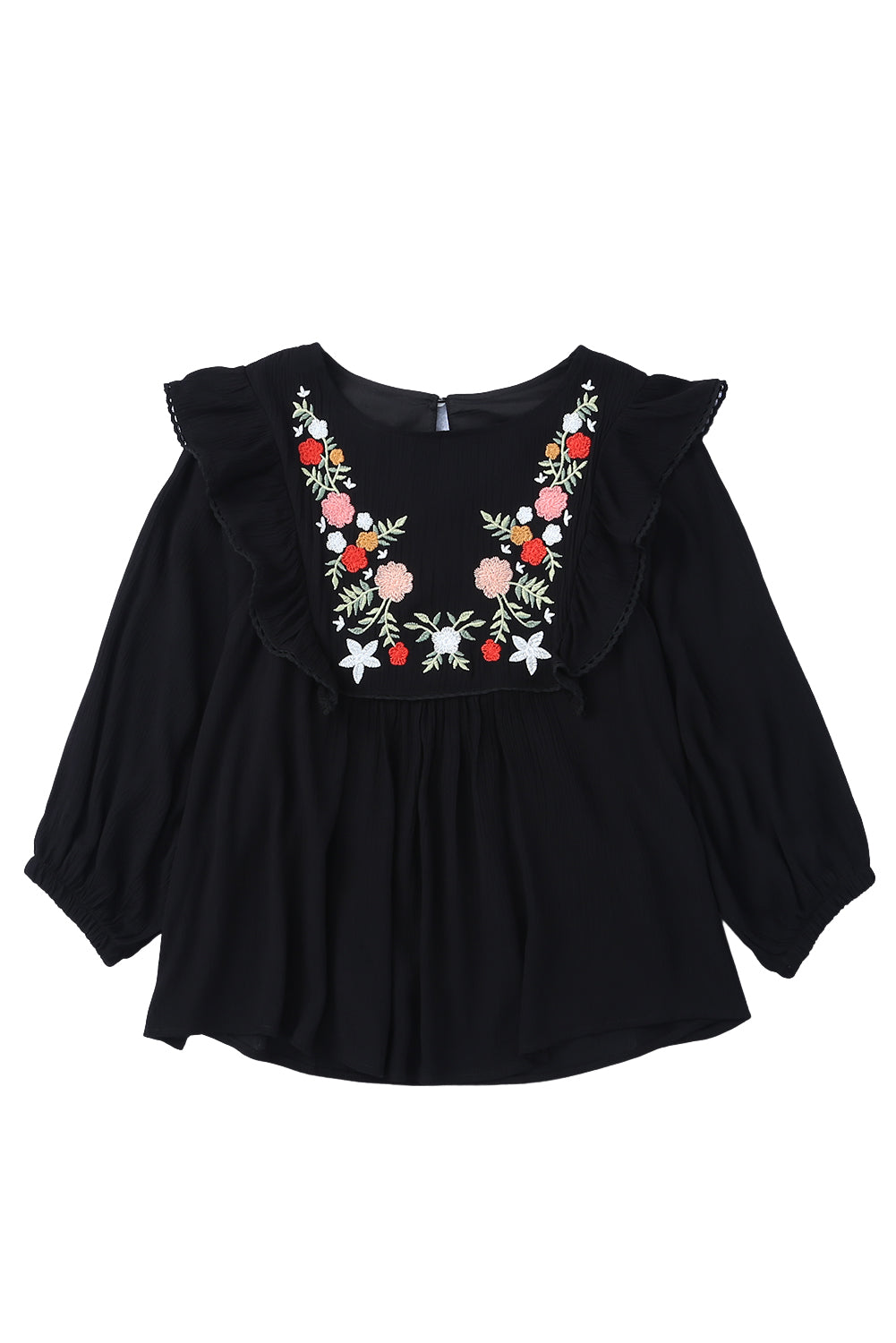 Black Bohemian Floral Embroidered Ruffled Babydoll Top