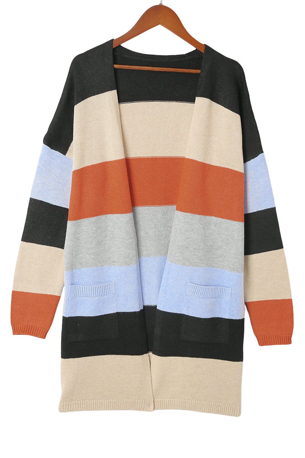 Multicolor Colorblock Pocketed Open Front Cardigan