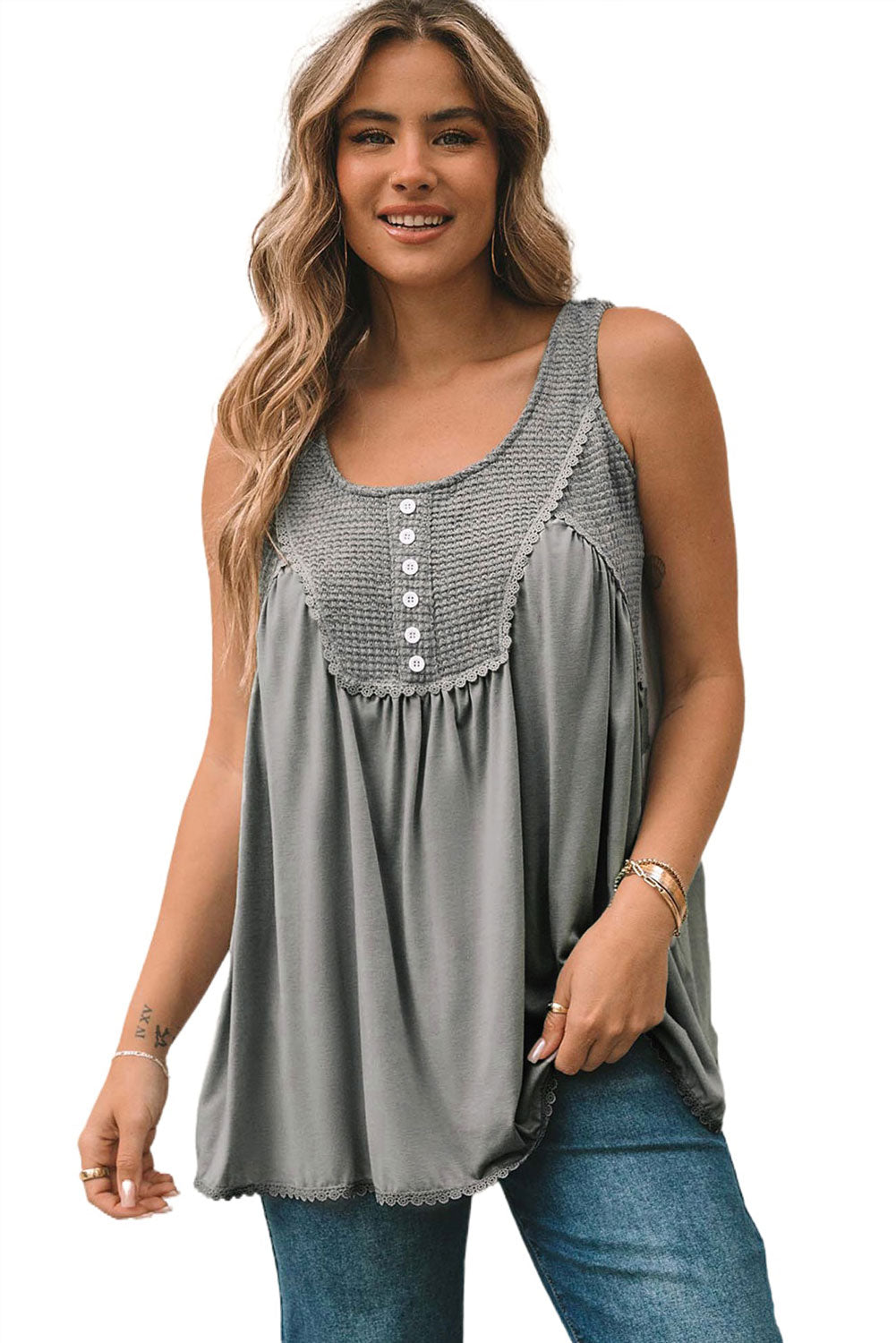 Gray Thermal Knit Panel Babydoll Tank Top