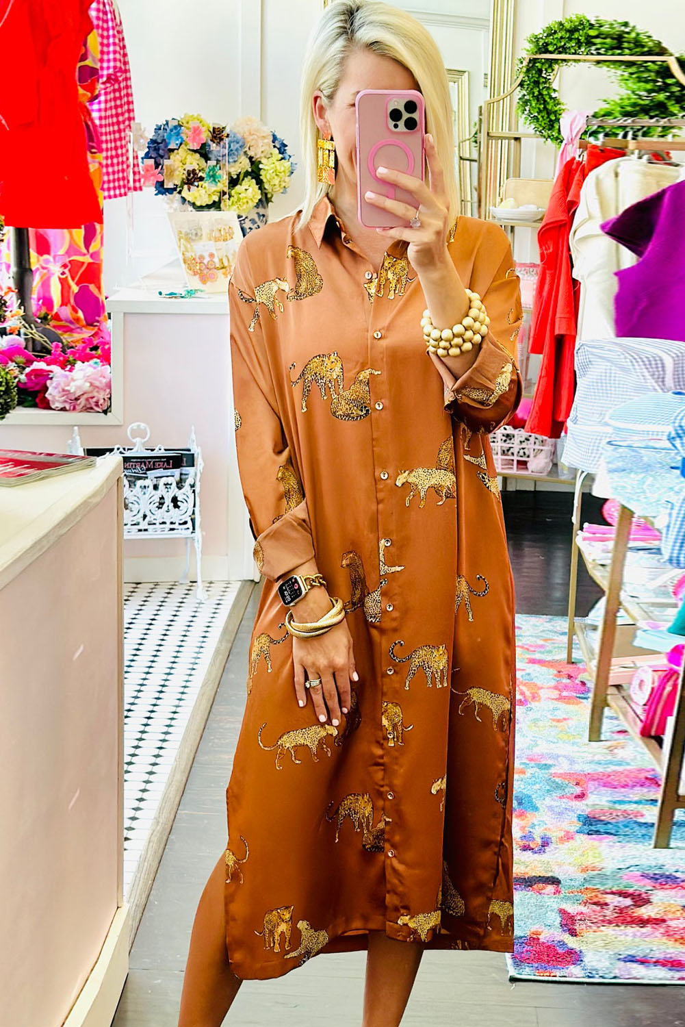 Khaki Yellow Cheetah Print Button-Up Split Shirt Dress