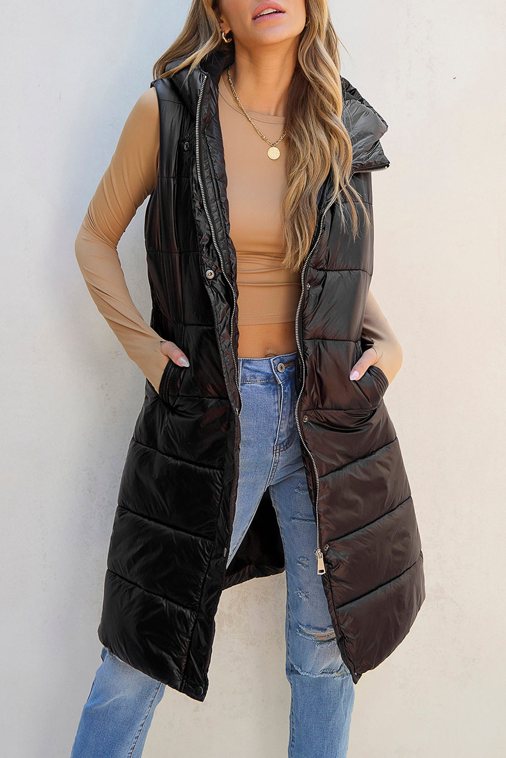 Black Hooded Long Quilted Vest Coat