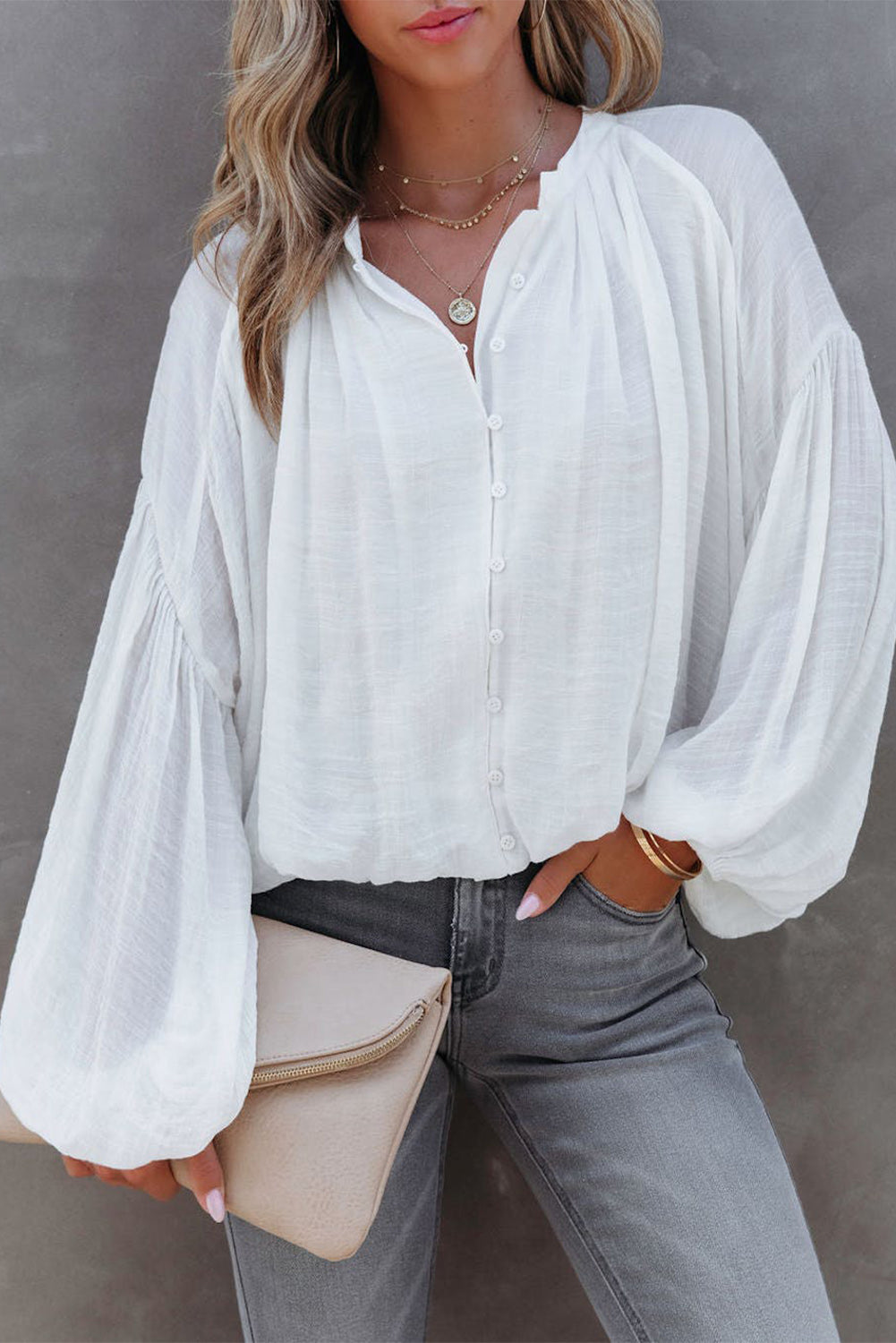 White Solid Color V Neck Balloon Sleeve Shirt