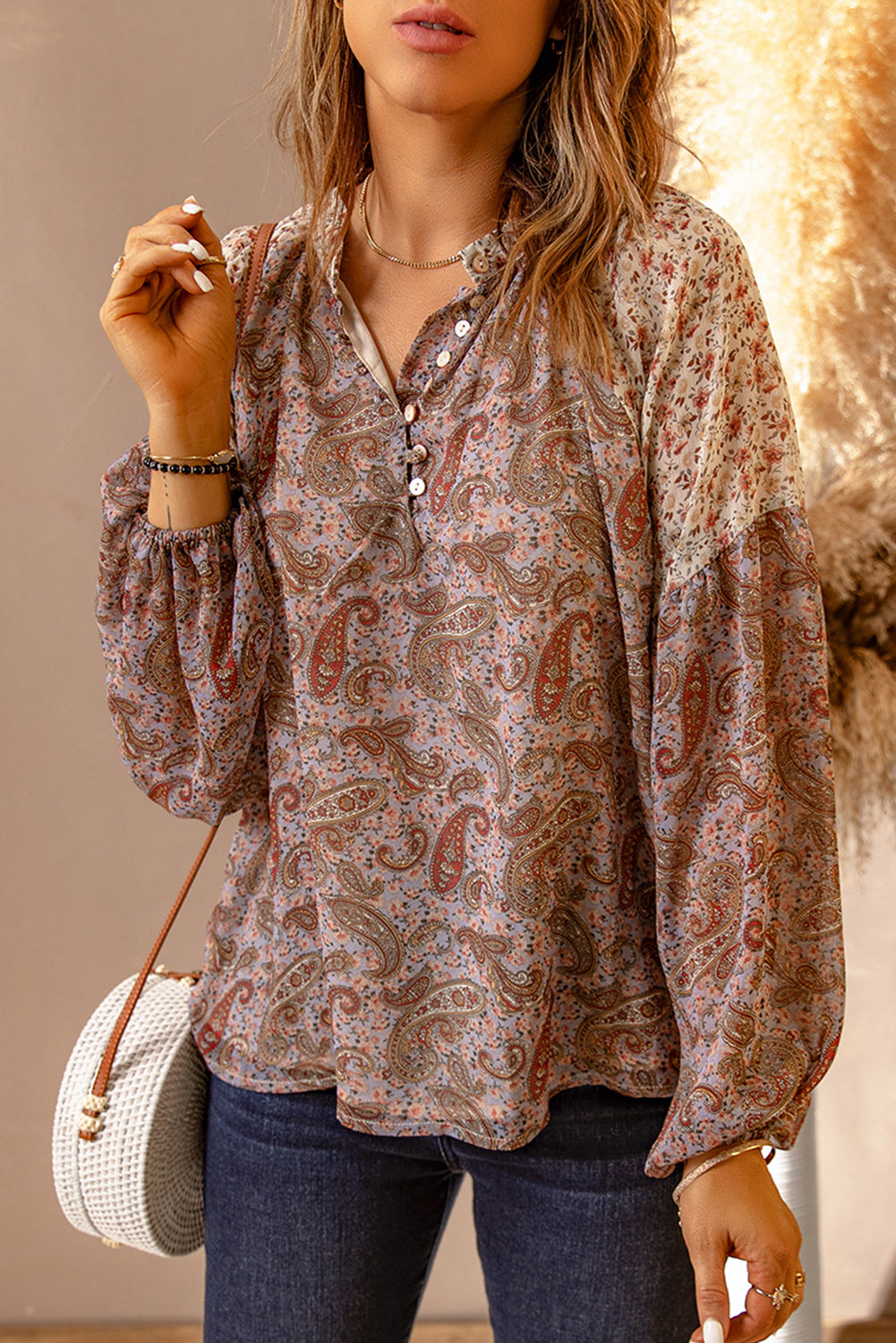 Brown Paisley Pattern Floral Patch Long Sleeve Blouse