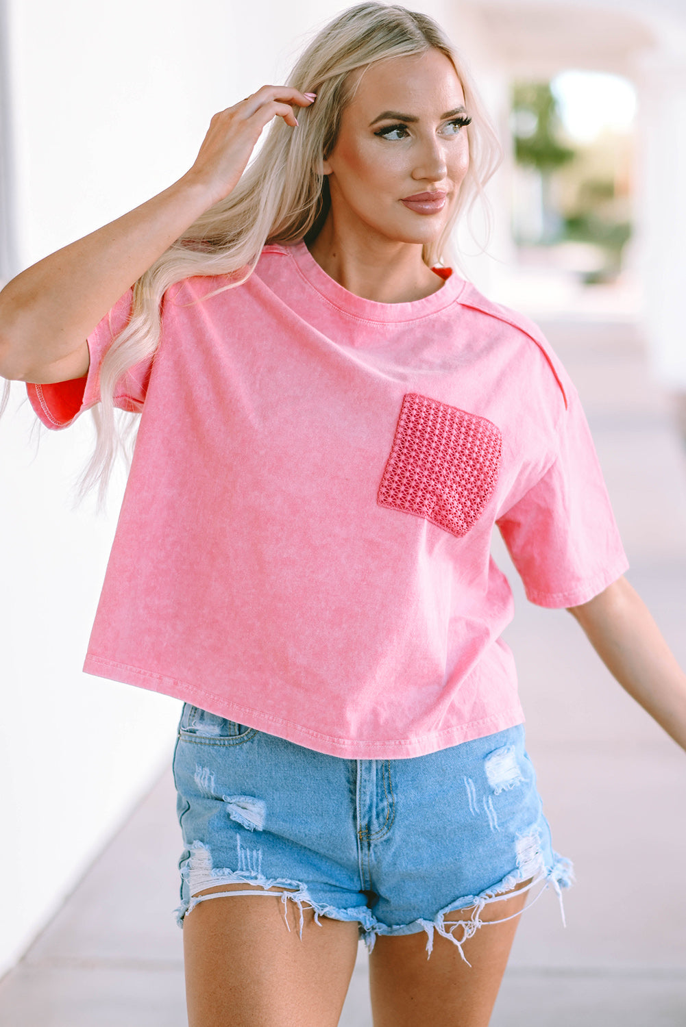 Pink Acid Wash Lace Patch Pocket T-Shirt