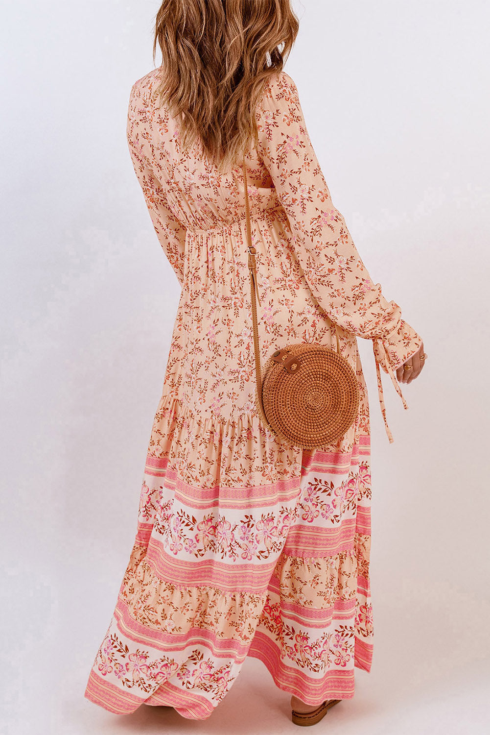 Orange Drawstring Lace-up V Neck Long Sleeve Floral Maxi Dress