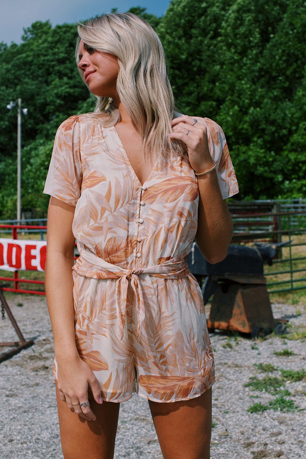 Khaki Tropical Leaf Print Button Belted Chiffon Romper