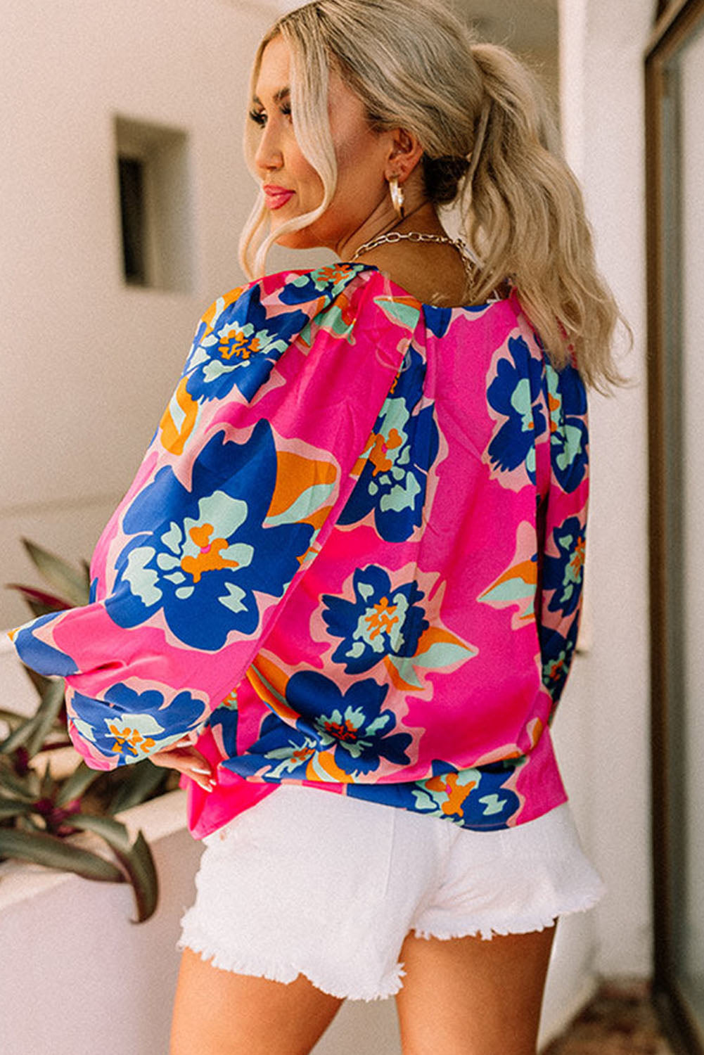 Rose Flower Print Puff Sleeve Blouse