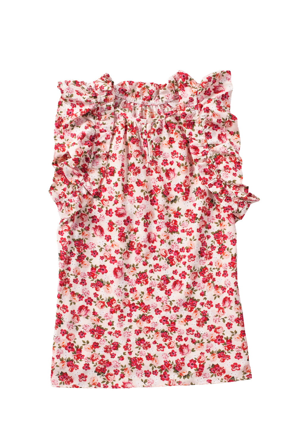 Red Floral Print Ruffled Mock Neck Sleeveless Top