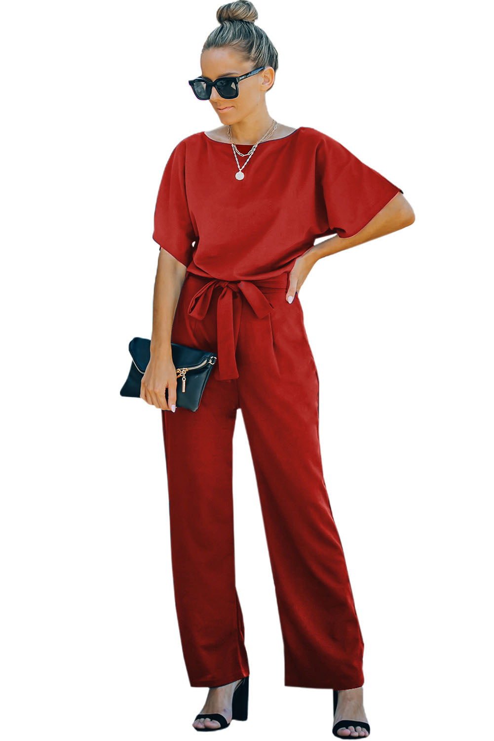 Red Belted Wide Leg Jumpsuit