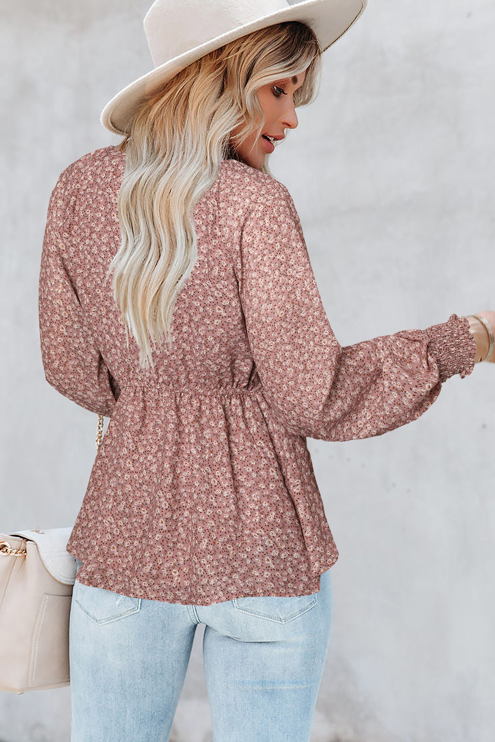 Bohemian Floral Print Front Tie Ruffled Long Sleeve Blouse