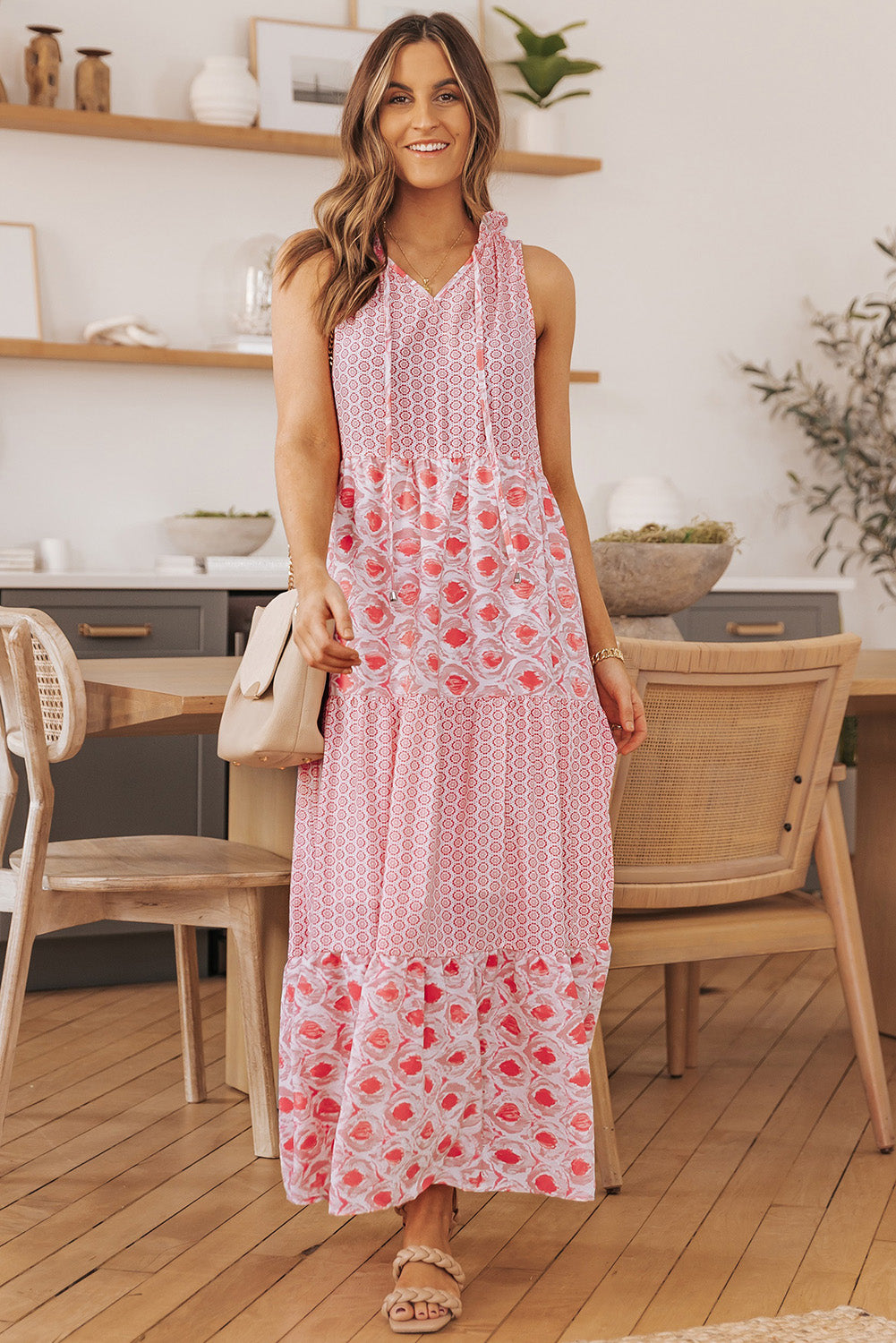 Pink Abstract Print Split Neck Sleeveless Maxi Dress