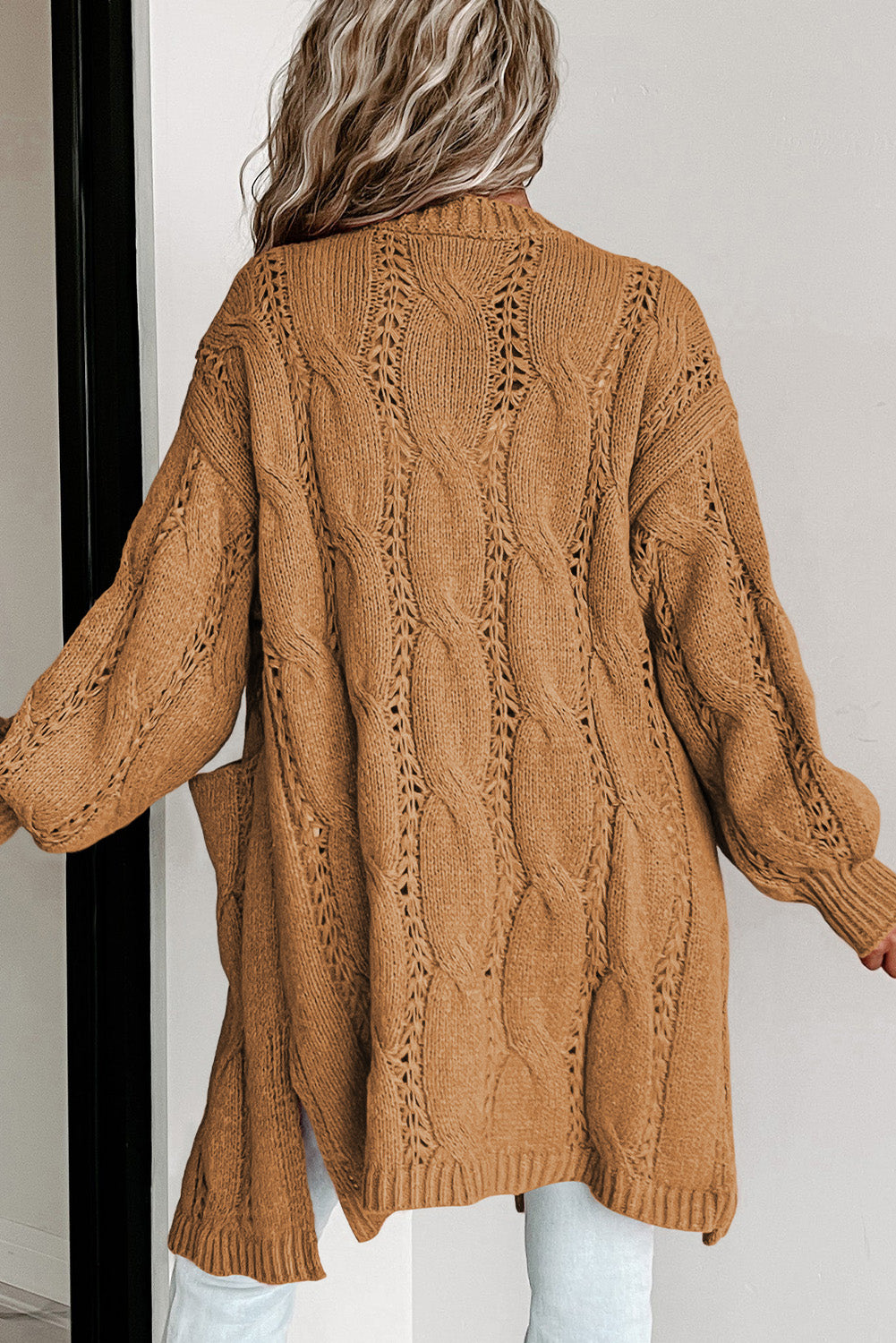 Khaki Ribbed Trim Eyelet Cable Knit Cardigan