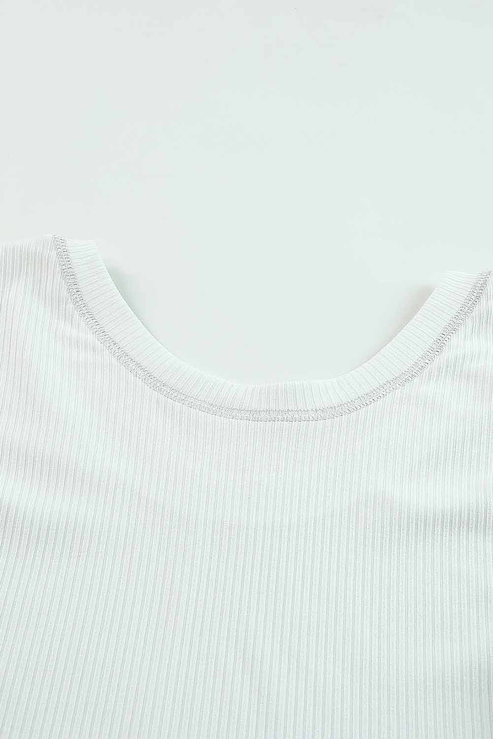 White Round Neck Half Sleeve Ribbed Knit Top