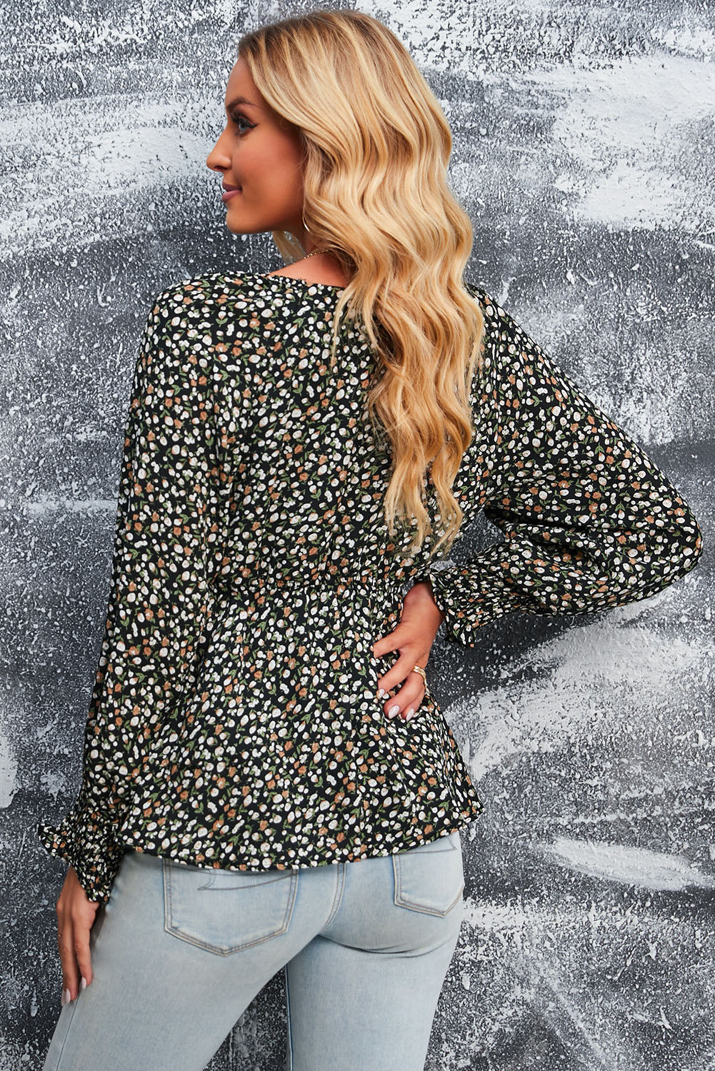 Black Floral Print Front Tie Ruffled Long Sleeve Blouse