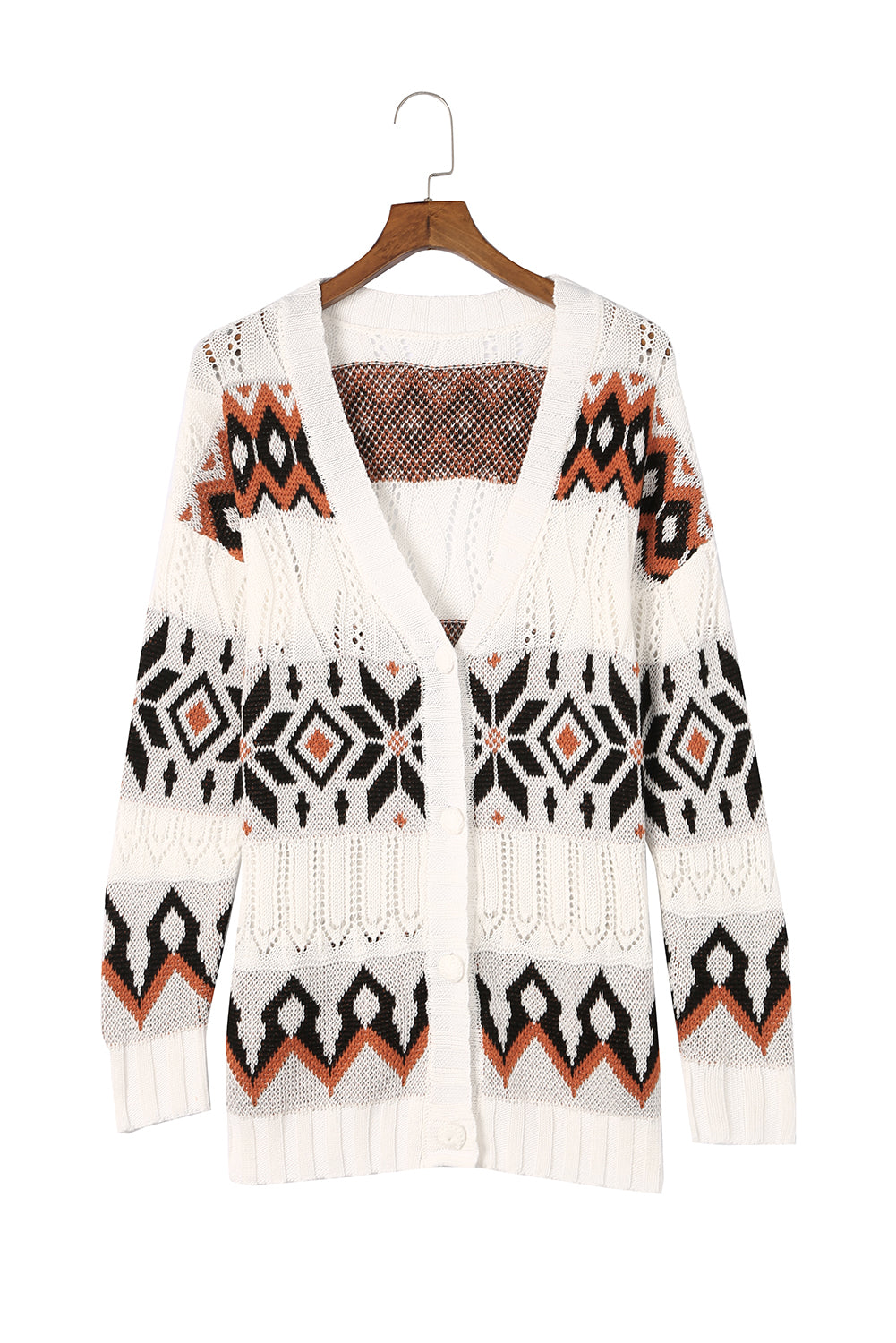 White Tribal Pattern Hollowed Knit Long Cardigan