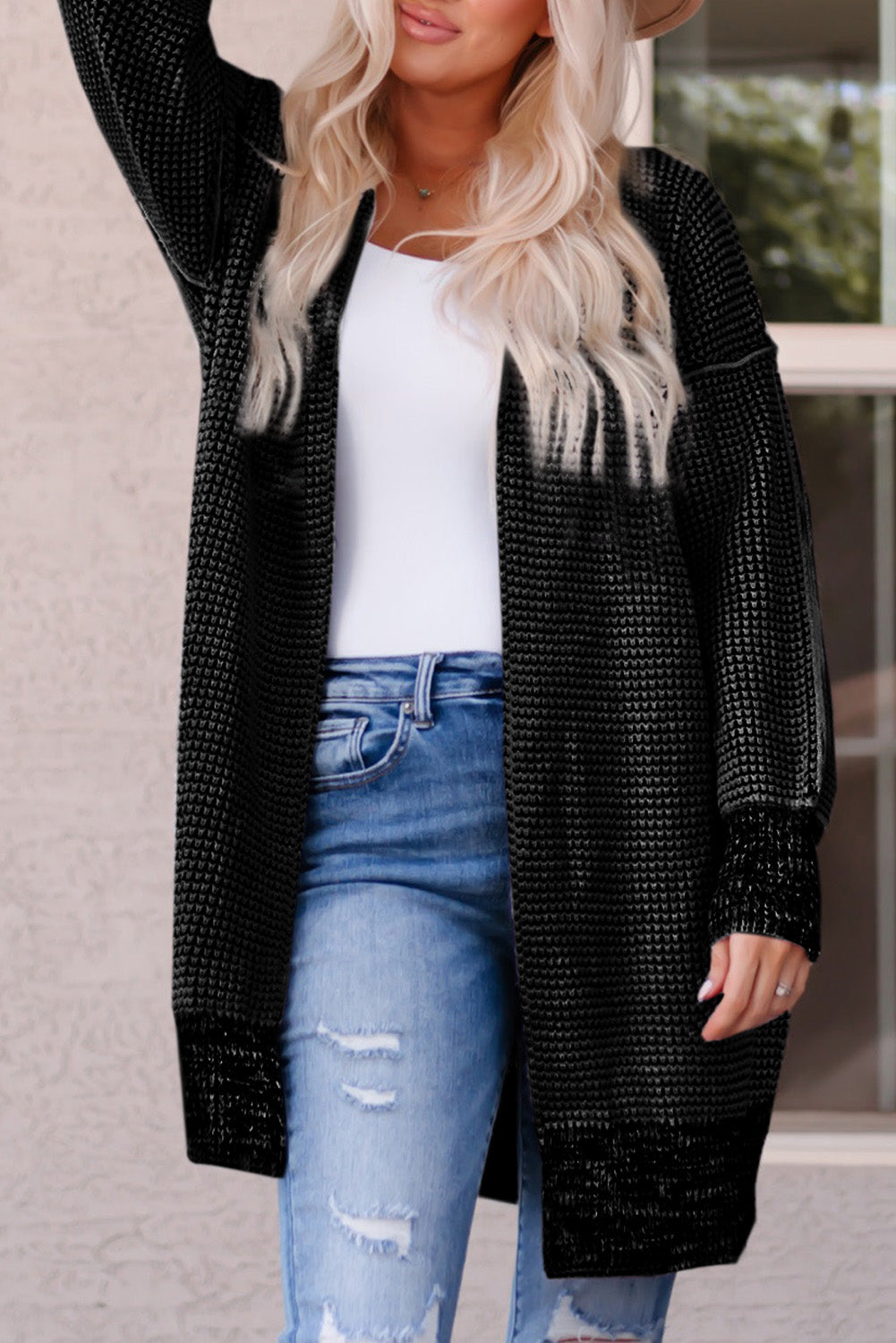 Black Plaid Knitted Long Open Front Cardigan