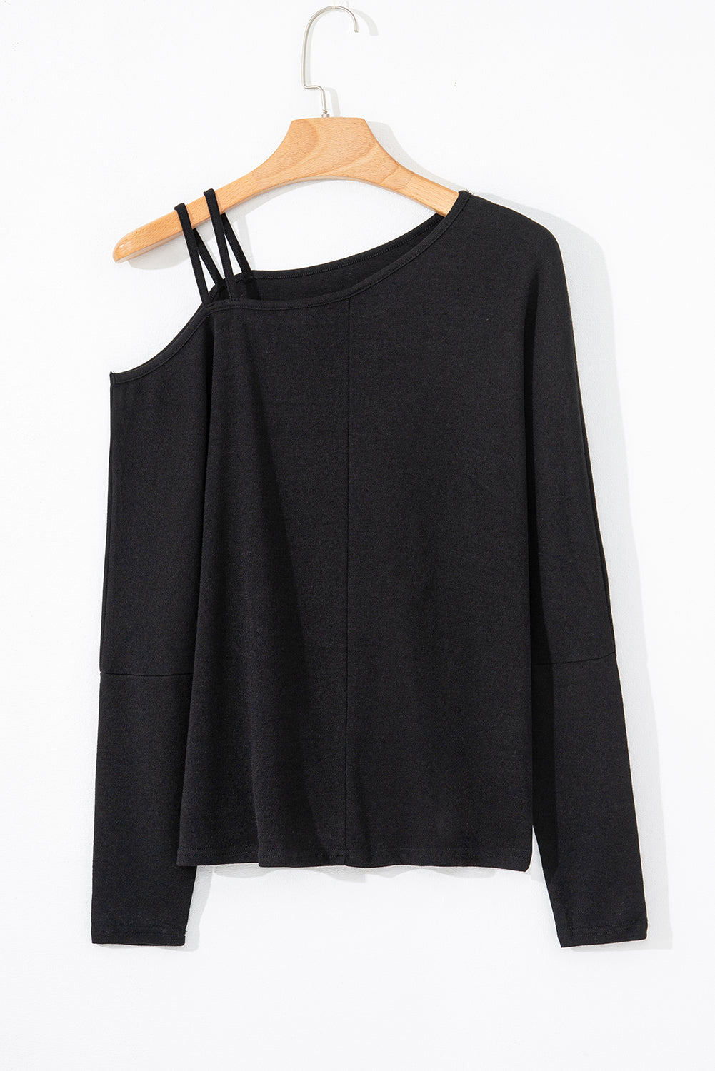 Black Asymmetric Strappy Cold Shoulder Long Sleeve Top