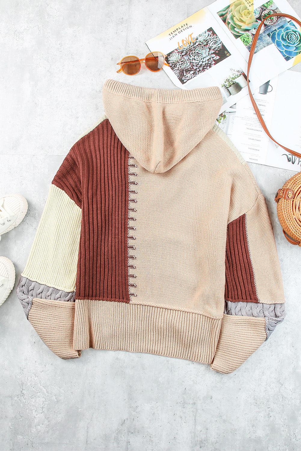 Khaki Color Block V-Neck Long Sleeve Relaxed Sweater