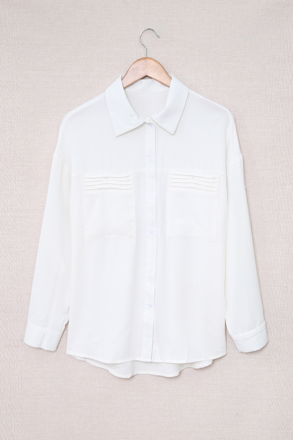 White Solid Pocket Long Sleeve Button-up Shirt