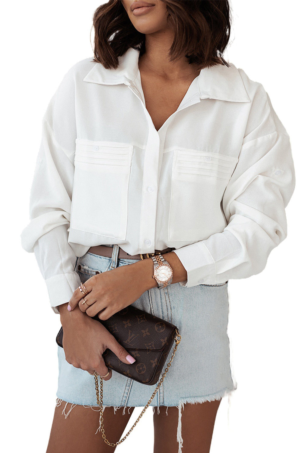 White Solid Pocket Long Sleeve Button-up Shirt