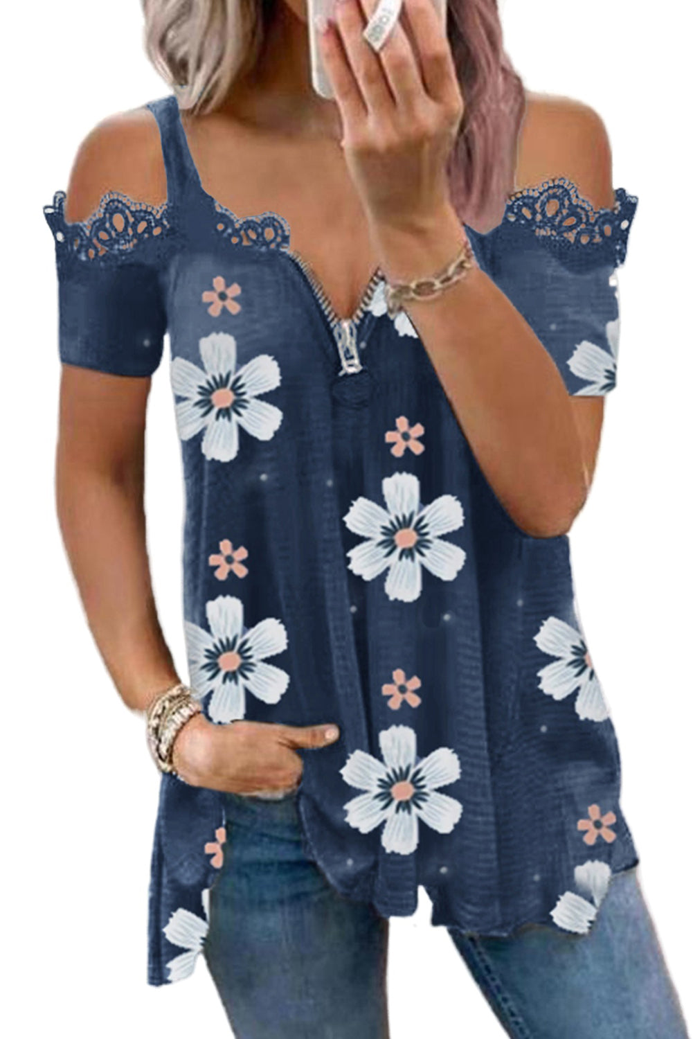 Blue Floral Print Lace Contrast Zipped Cold Shoulder T Shirt