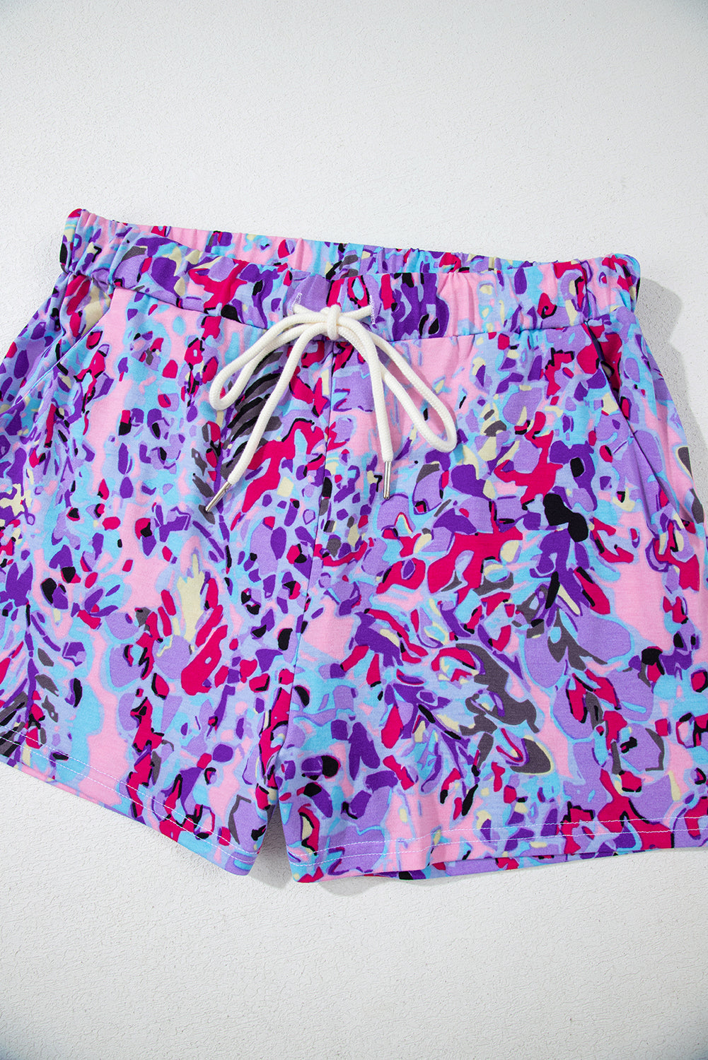 Purple Floral Long Sleeve Top and Drawstring Shorts Set