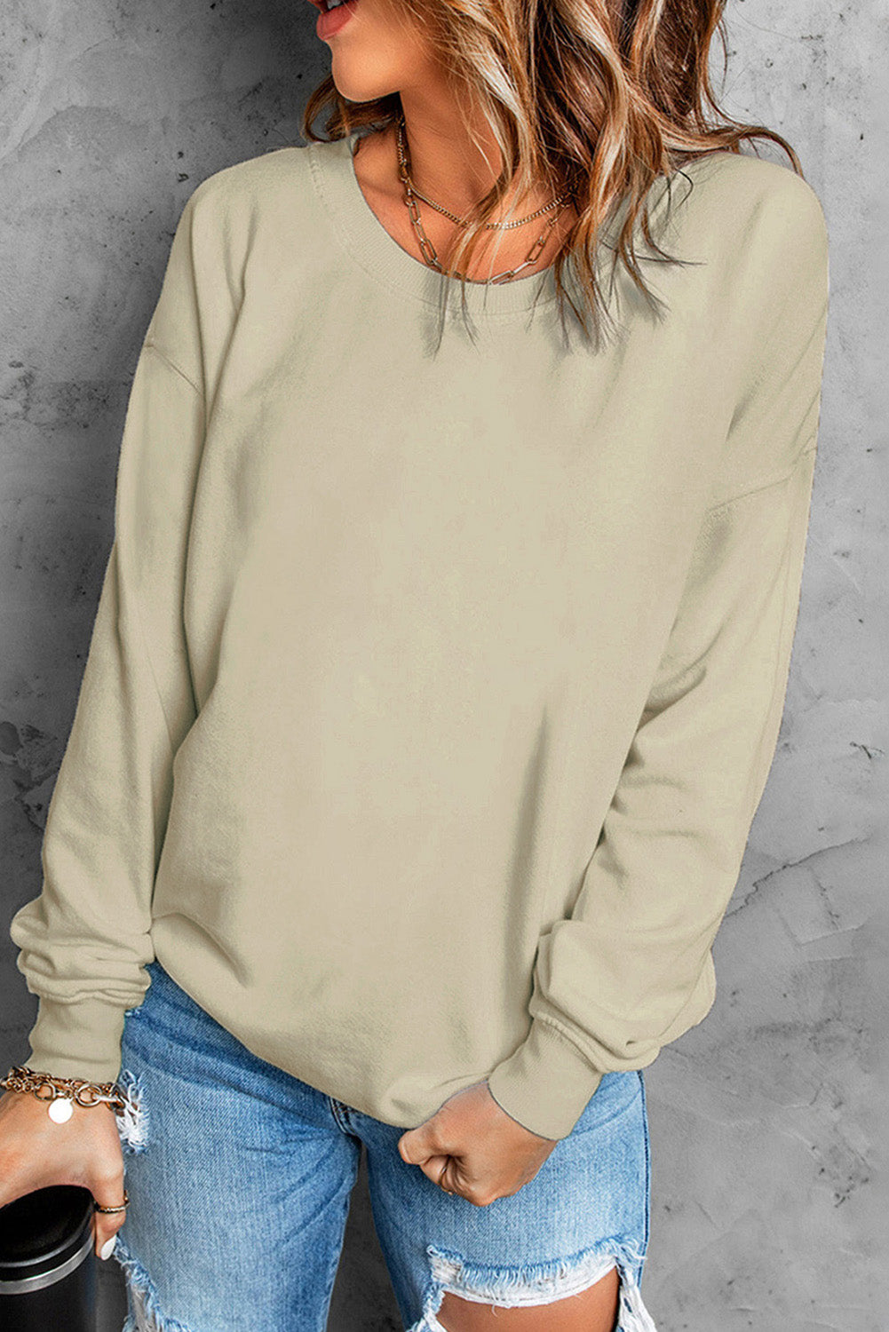 Khaki Plain Crew Neck Pullover Sweatshirt