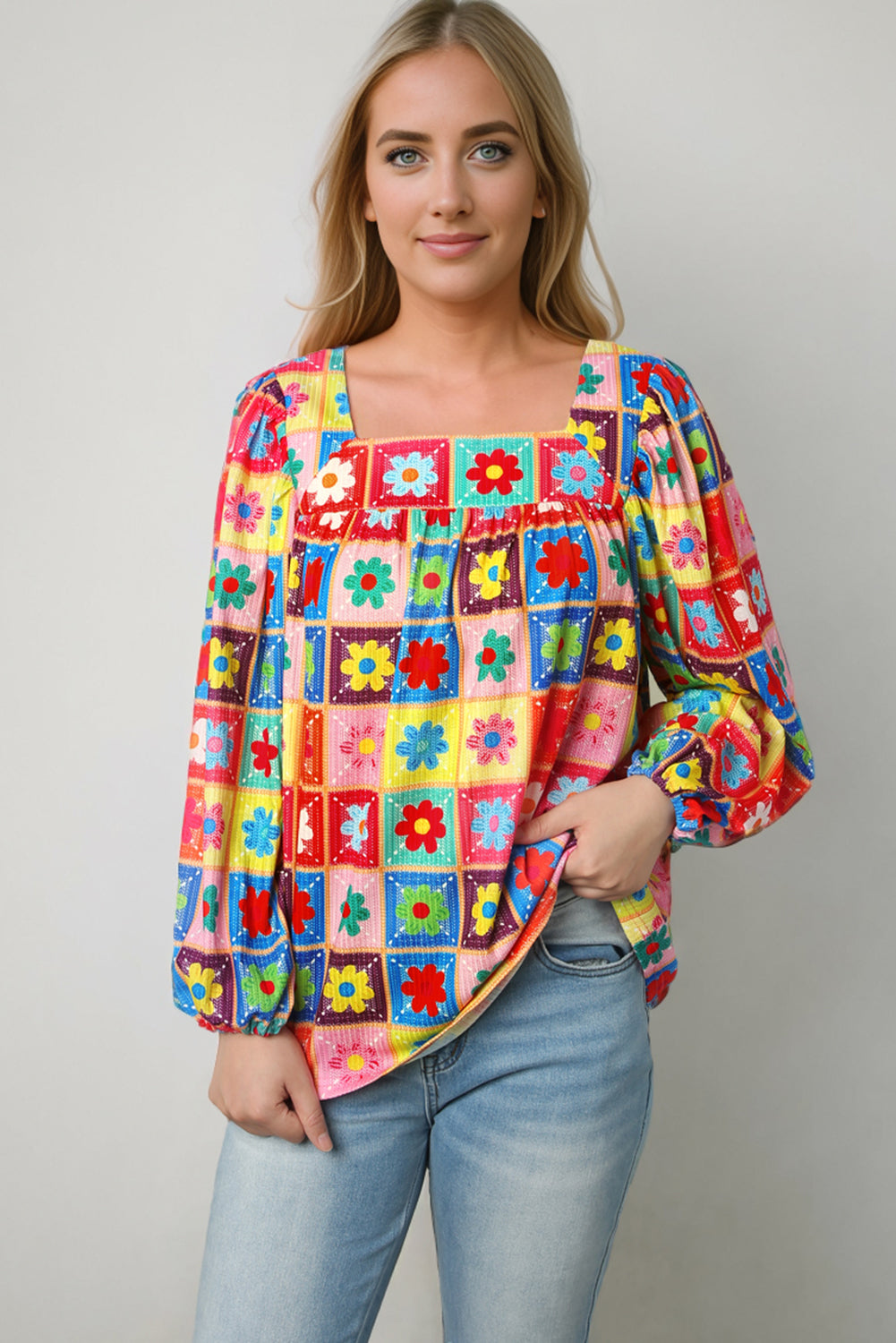 Multicolor Floral Crochet Square Neck Puff Sleeve Blouse